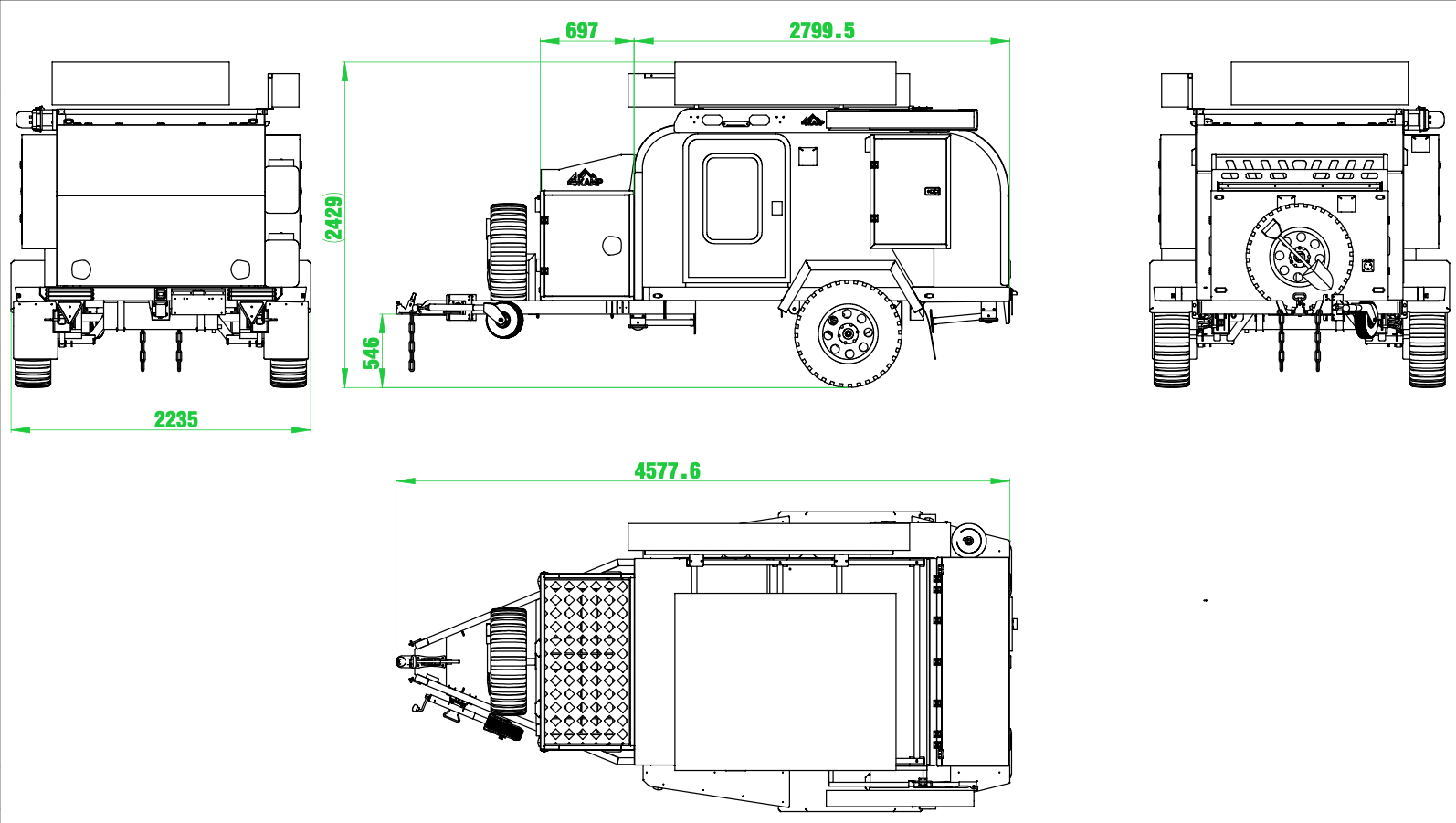 Plano técnico con medidas en milímetros del 4KAMP